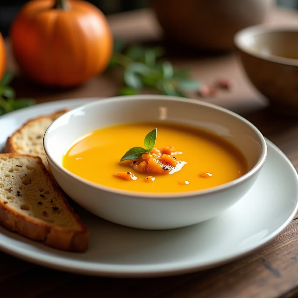 Crema de calabaza asada y jengibre vegana en un tazón, con un toque de jengibre fresco rallado y un chorrito de aceite de oliva virgen extra