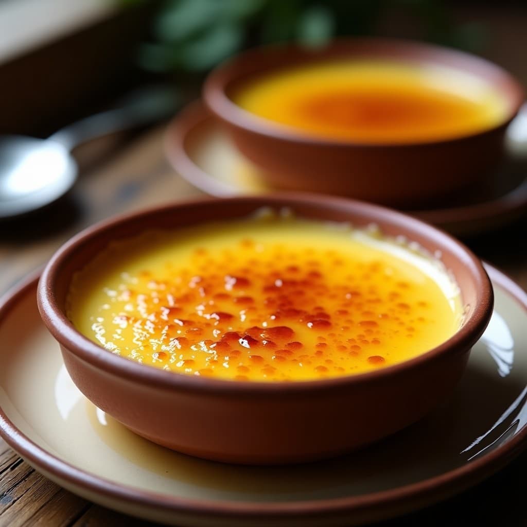 Crema catalana tradicional con capa de azúcar quemado crujiente y base suave infusionada con canela y limón