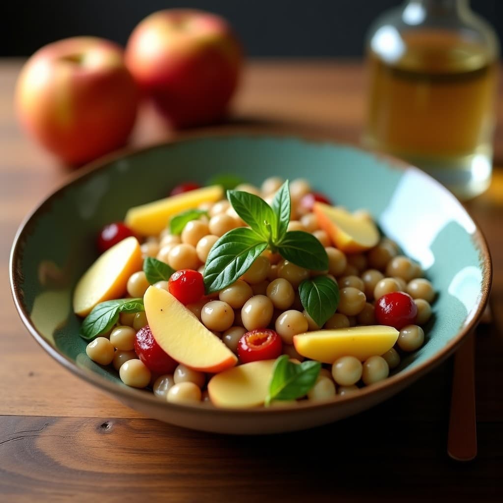 Ensalada tibia de lentejas pardinas con manzana verde y nueces peladas, lista para servir