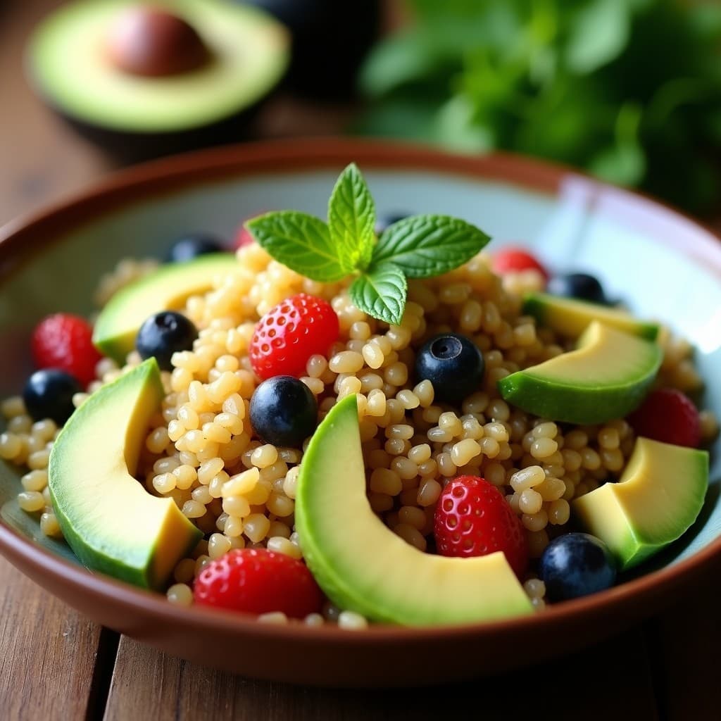 Ensalada de quinoa y aguacate con frutos secos y aliño cítrico, lista para servir