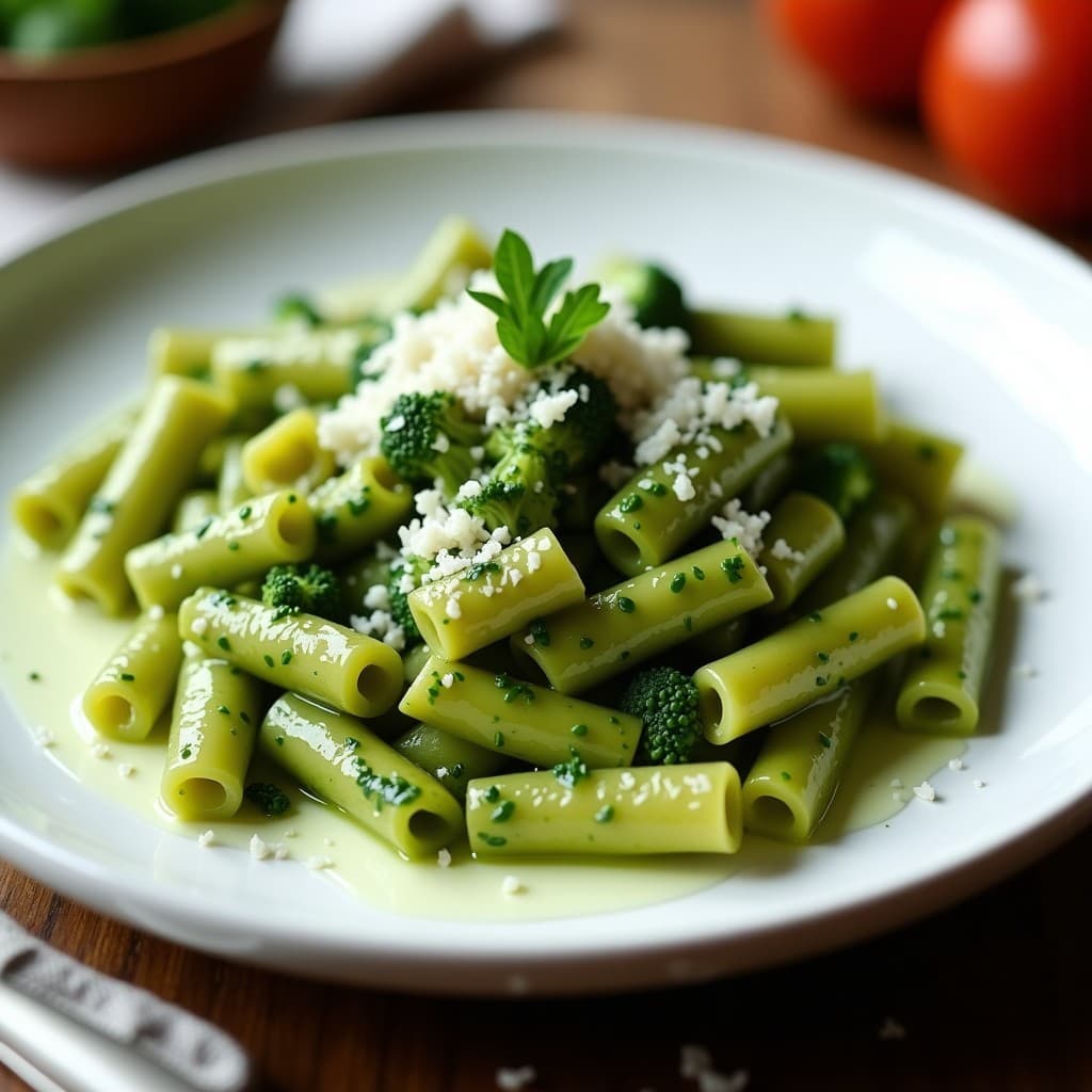 Foto de espaguetis verdes con pesto de brócoli en un plato, lista para servir, con ingredientes frescos y naturales