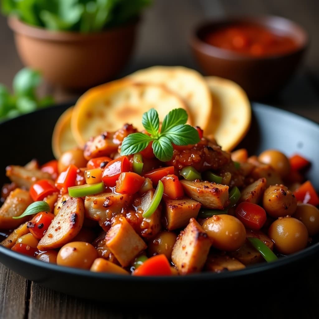 Fajitas de pollo asado con pimientos y cebolla, servidas con tortillas de trigo, receta fácil y rápida para aprovechar sobras de pollo asado
