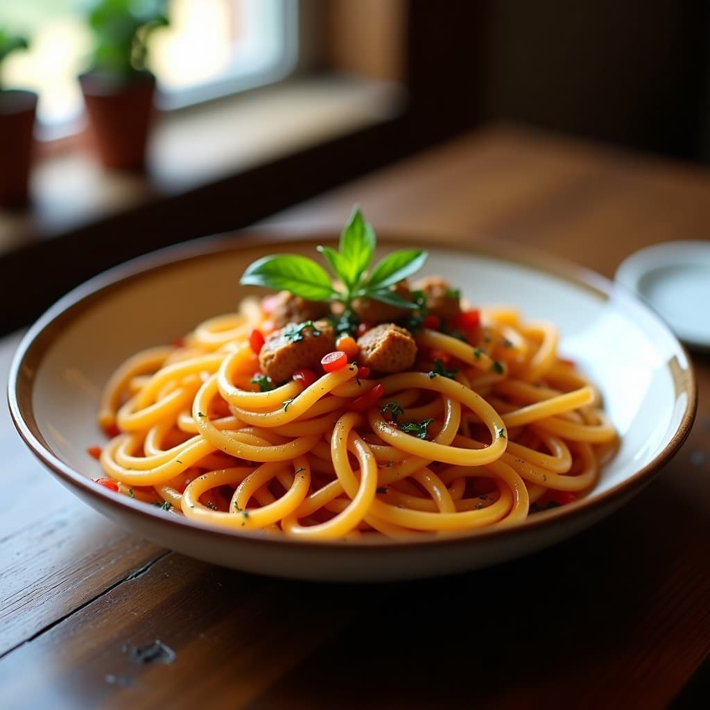 Fotografía de un plato de fideos a la cazuela catalana, con costilla de cerdo y salchichas, servido en una cazuela de barro. Fideos a la Cazuela Catalana