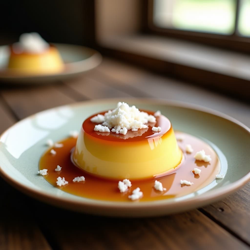 Foto de un flan de queso y coco sin azúcar al microondas, con una textura cremosa y decorado con coco rallado