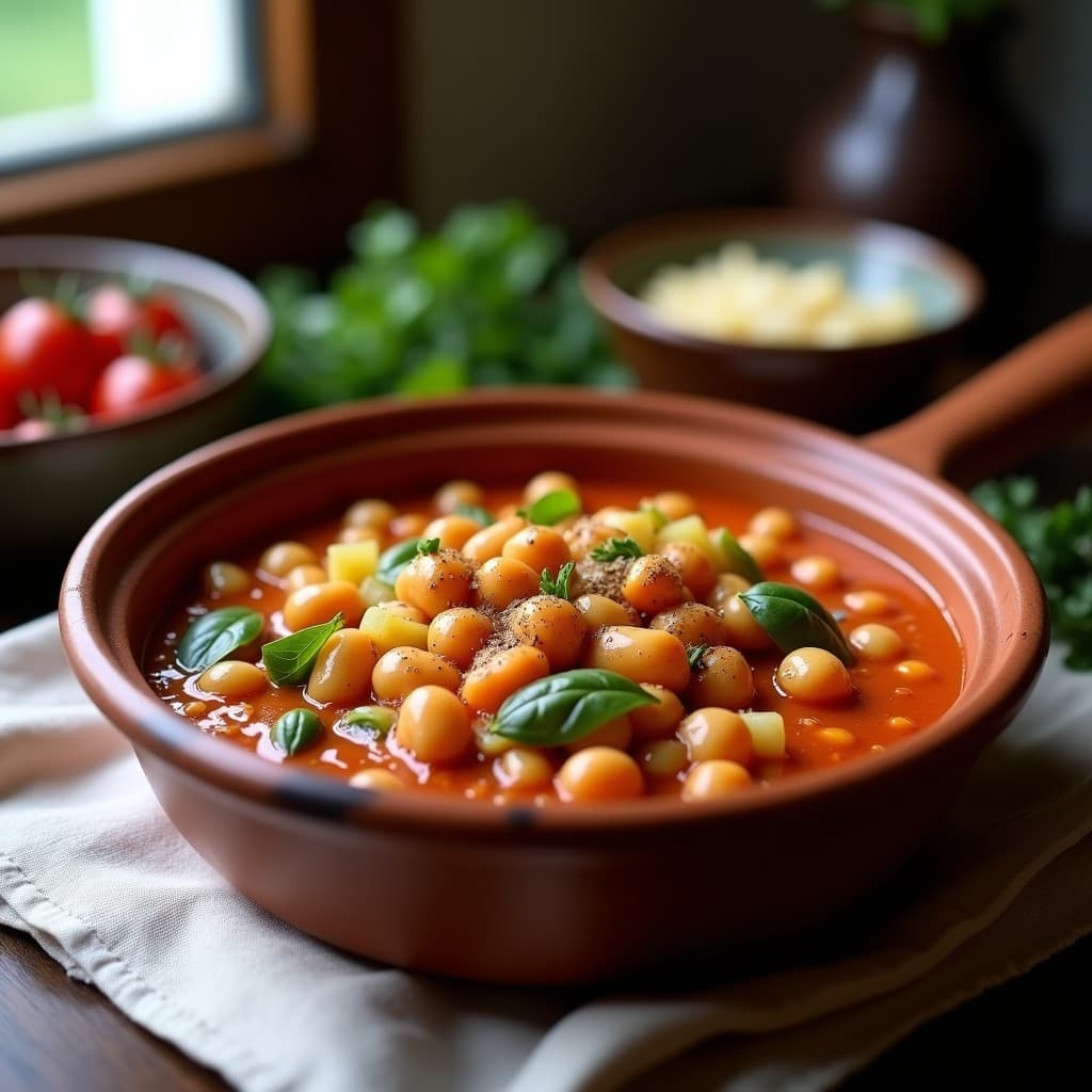 Guiso de garbanzos con acelgas y pimentón en una olla, lista para servir, receta vegana