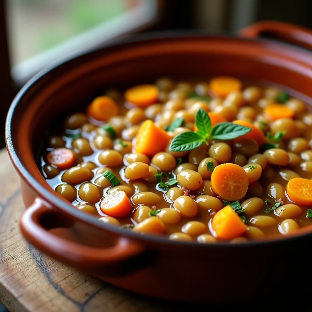 Guiso de lentejas vegano tradicional en olla con verduras y especias, lista para servir