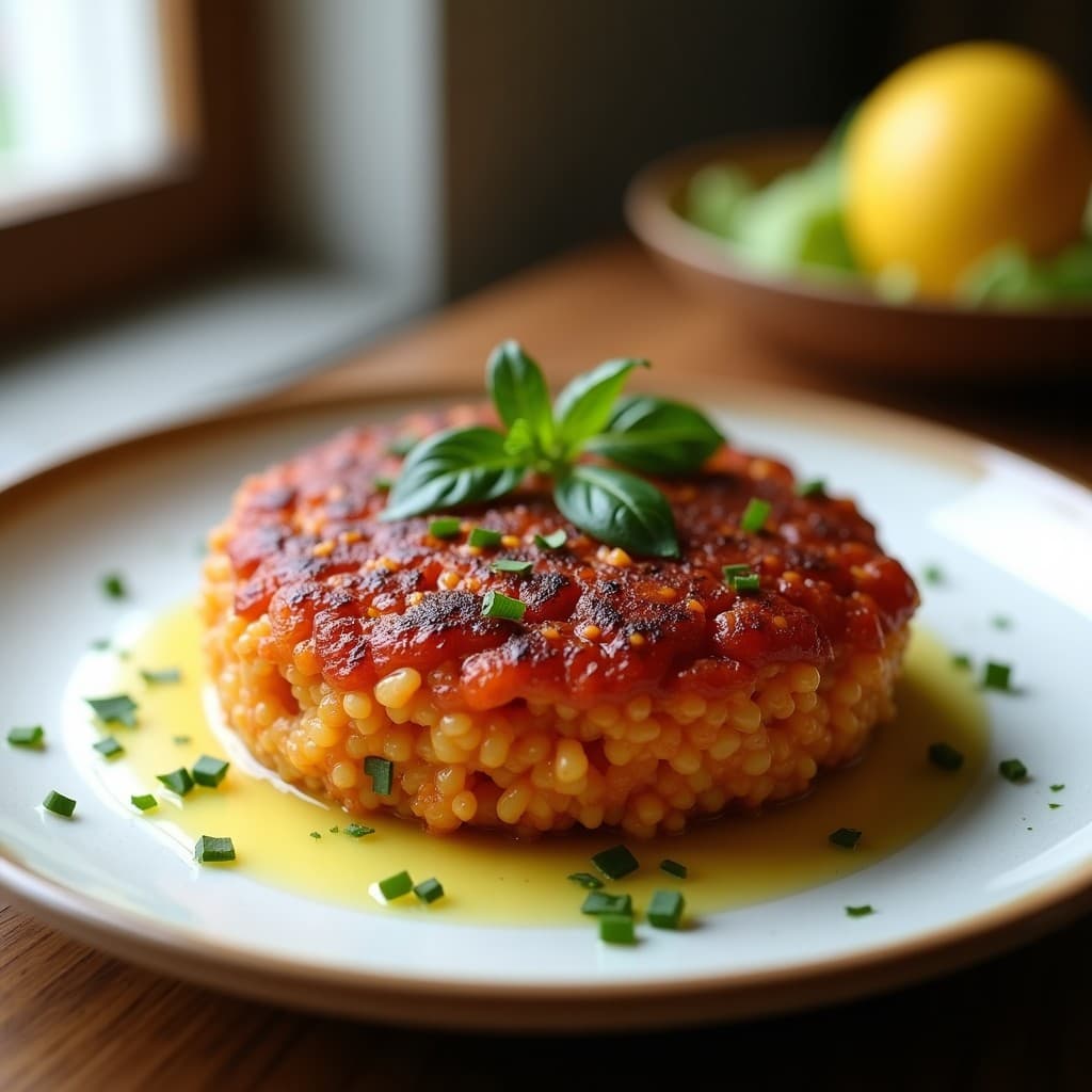 Hamburguesa de alubias rojas y quinoa con remolacha rallada y cebolla picada en una sartén