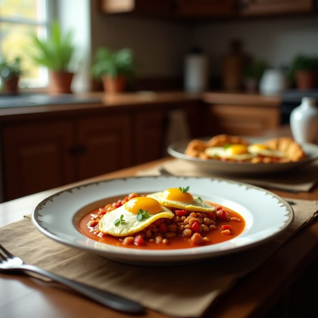 Huevos al plato con chorizo y tomate en una cazuela de barro, lista para servir