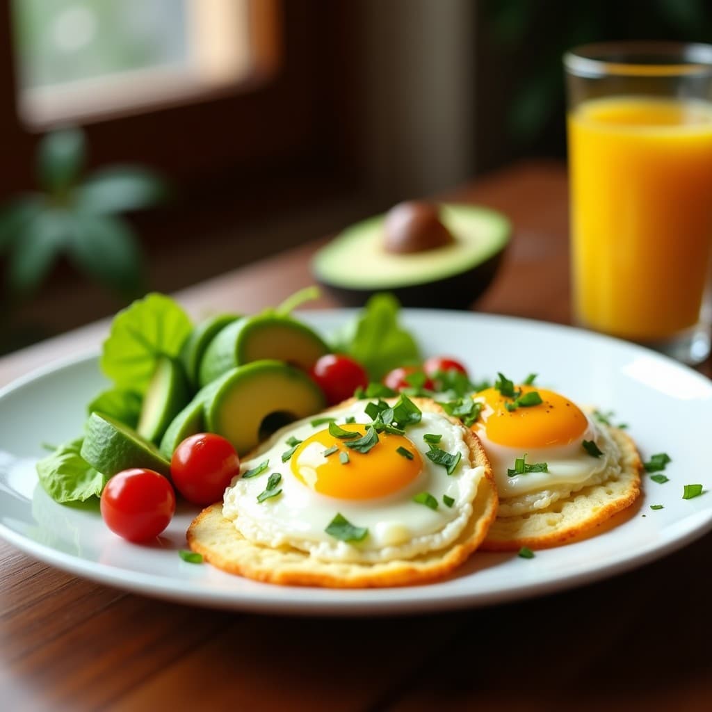Foto de un plato de huevos revueltos esponjosos con aguacate y tomate cherry, lista para ser servida, huevos revueltos esponjosos con aguacate