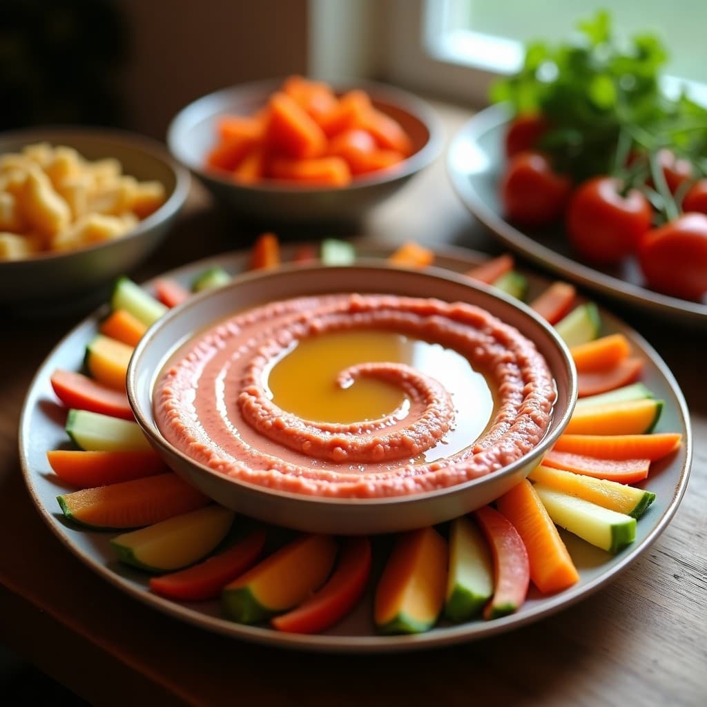Hummus rosa fucsia de remolacha cocida con crudités de zanahoria y apio crudos, lista para untar