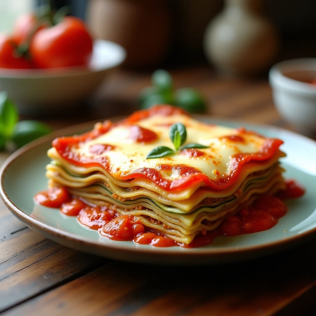 Lasaña de calabacín keto con láminas de verdura y queso gratinado, lista para servir en un plato