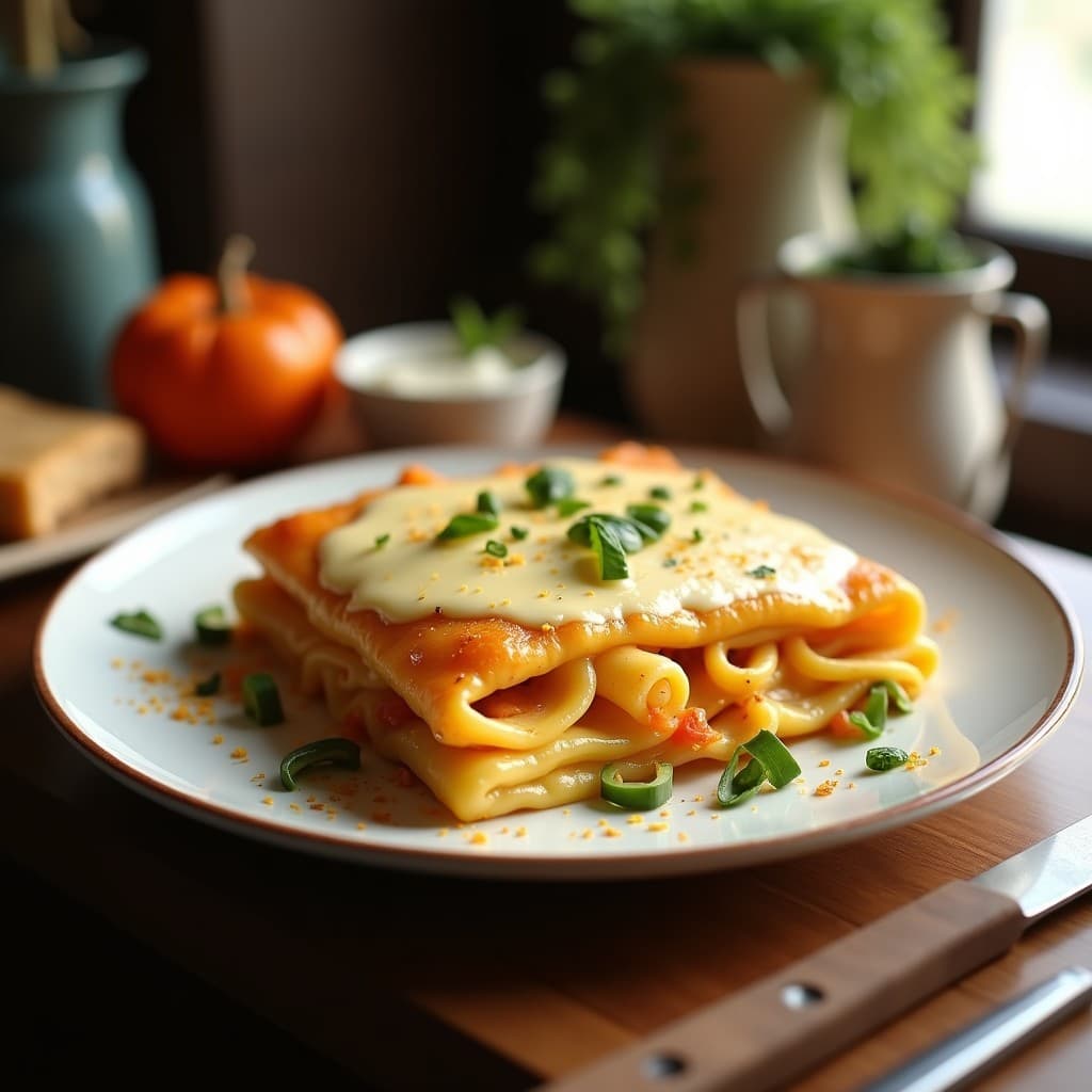 Lasaña de calabaza y queso de cabra asada al horno, con capas de calabaza y queso de cabra, lista para servir