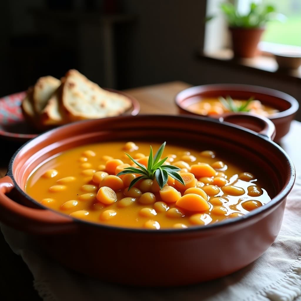 Lentejas estofadas sin carne en una olla, con verduras y especias, lista para servir - Receta de lentejas estofadas sin carne