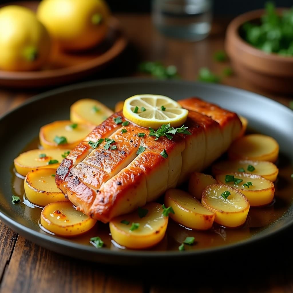 Lubina al horno sobre cama de patatas panadera, receta fácil y saludable con ingredientes frescos y naturales