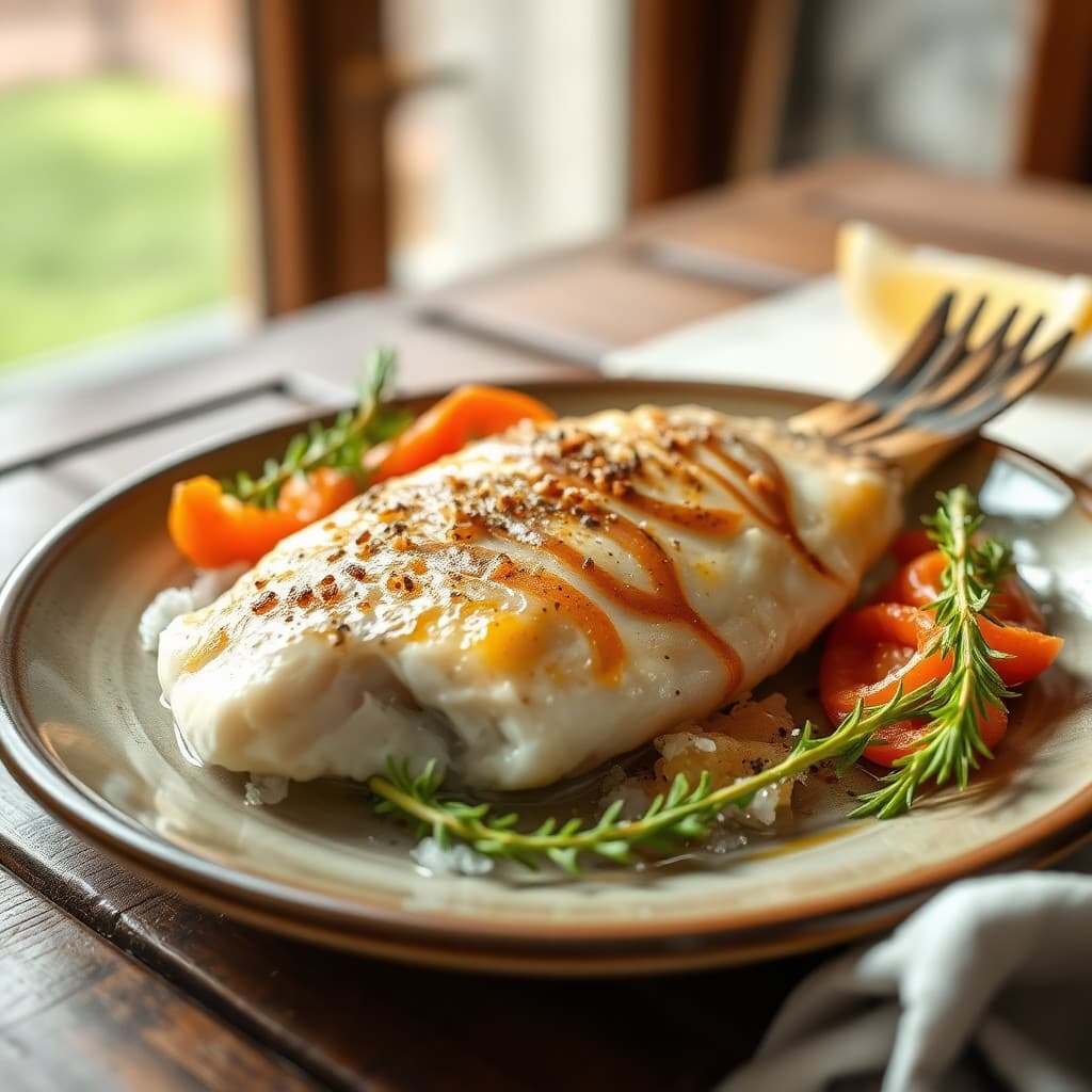 Lubina a la sal recién salida del horno, con rodajas de limón y ramas de romero fresco, lista para ser servida