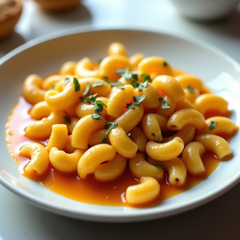 Macarrones con queso veganos en un plato, con una salsa cremosa a base de patata y zanahoria, lista para servir