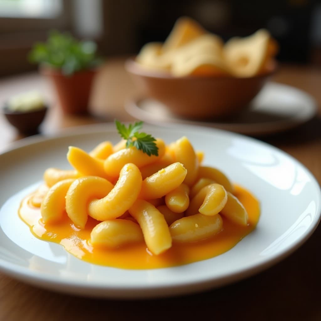 Macarrones con salsa de queso vegana hecha con coliflor y zanahoria, lista para servir en un plato