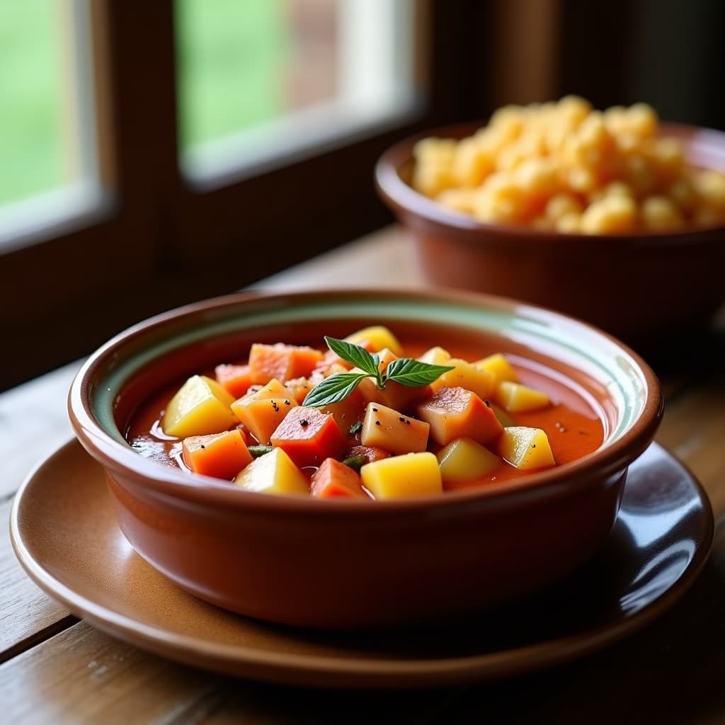 Marmitako de bonito vasco tradicional con patatas y atún en una olla de barro, listo para servir