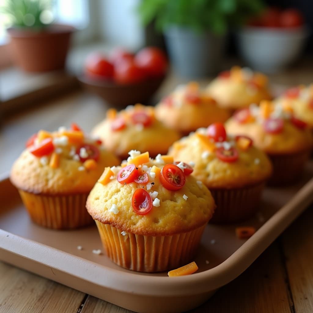 Muffins salados de tomate seco y albahaca frescos y apetitosos en una bandeja de horno