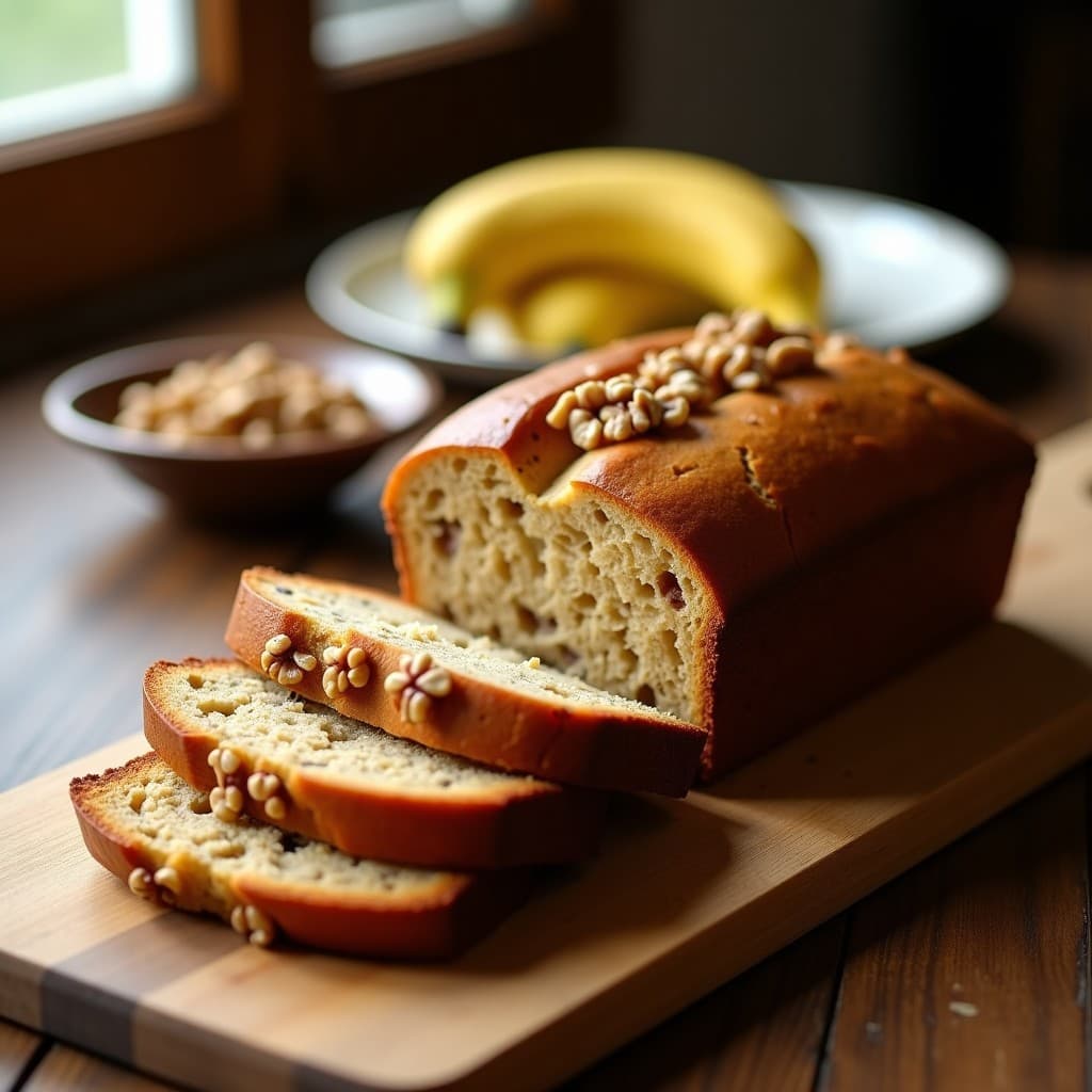 Pan de plátano fresco y esponjoso, cortado en rebanadas, con plátanos maduros en el fondo, receta de pan de plátano fácil