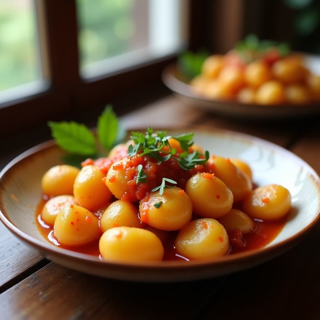 Foto de patatas a la importancia en una olla de barro, con salsa de azafrán y perejil fresco. Patatas a la importancia receta tradicional