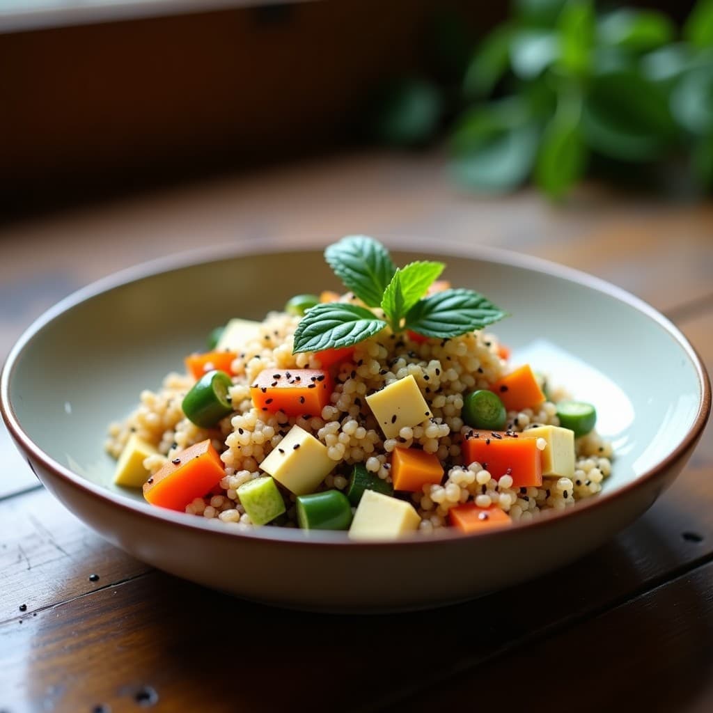 Quinoa con verduras salteadas y tofu crujiente en una sartén, receta vegana saludable y nutritiva