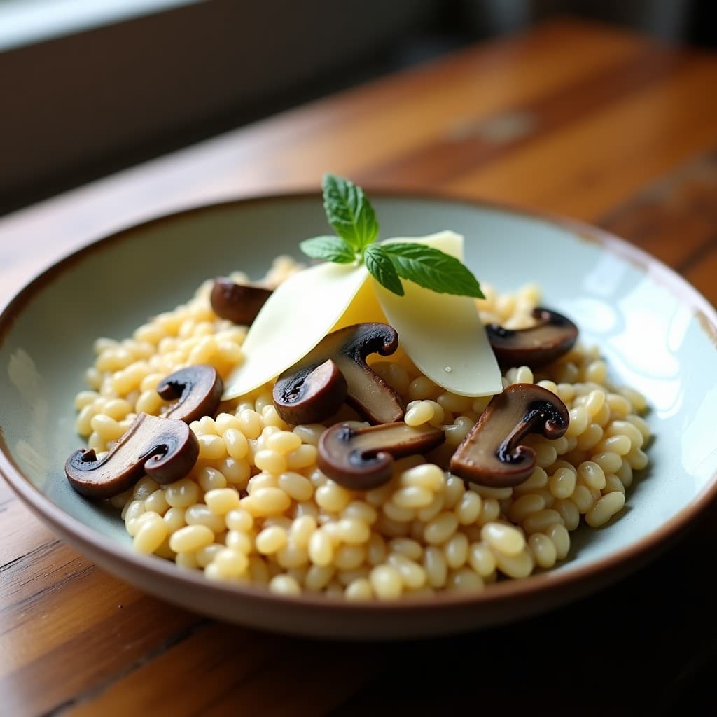 Risotto de setas y parmesano italiano con textura cremosa y champiñones frescos