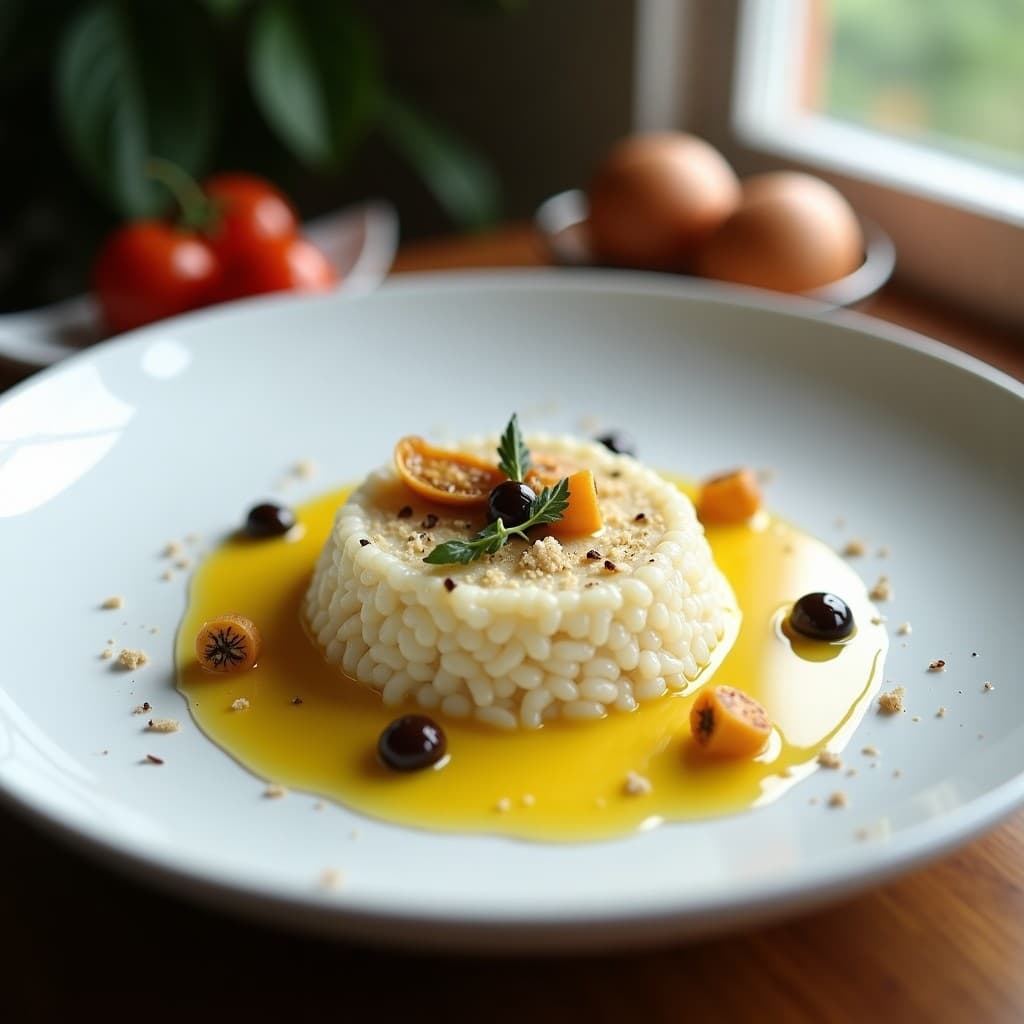 Risotto de setas y trufa en una sartén, con setas frescas y aceite de trufa, lista para servir