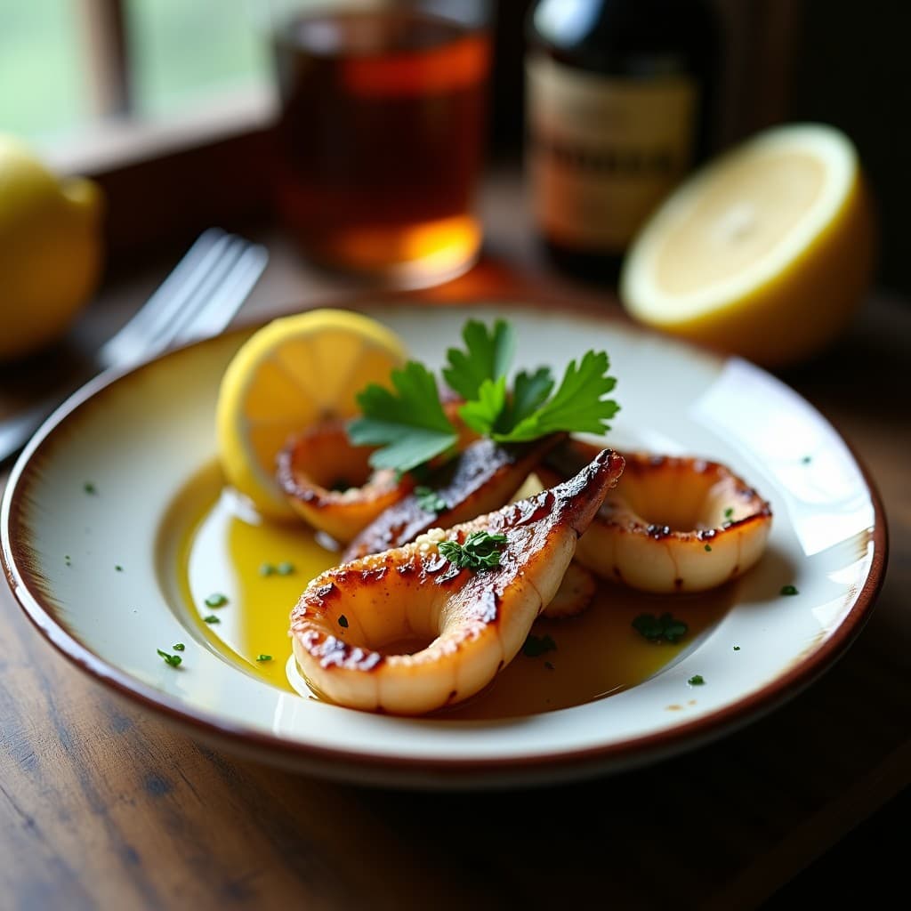 Foto de sepia a la plancha tierna y dorada, con ajo y perejil, lista para servir