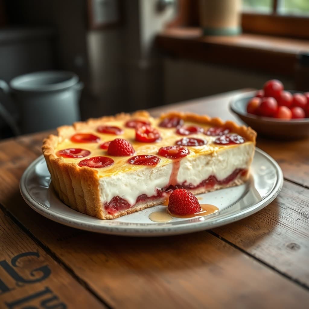 Tarta de queso fría sin horno con base de galleta y mermelada de fresa, lista para servir