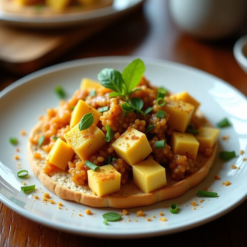 Tofu revuelto con champiñones y especias en una sartén, lista para servir, tofu revuelto vegano