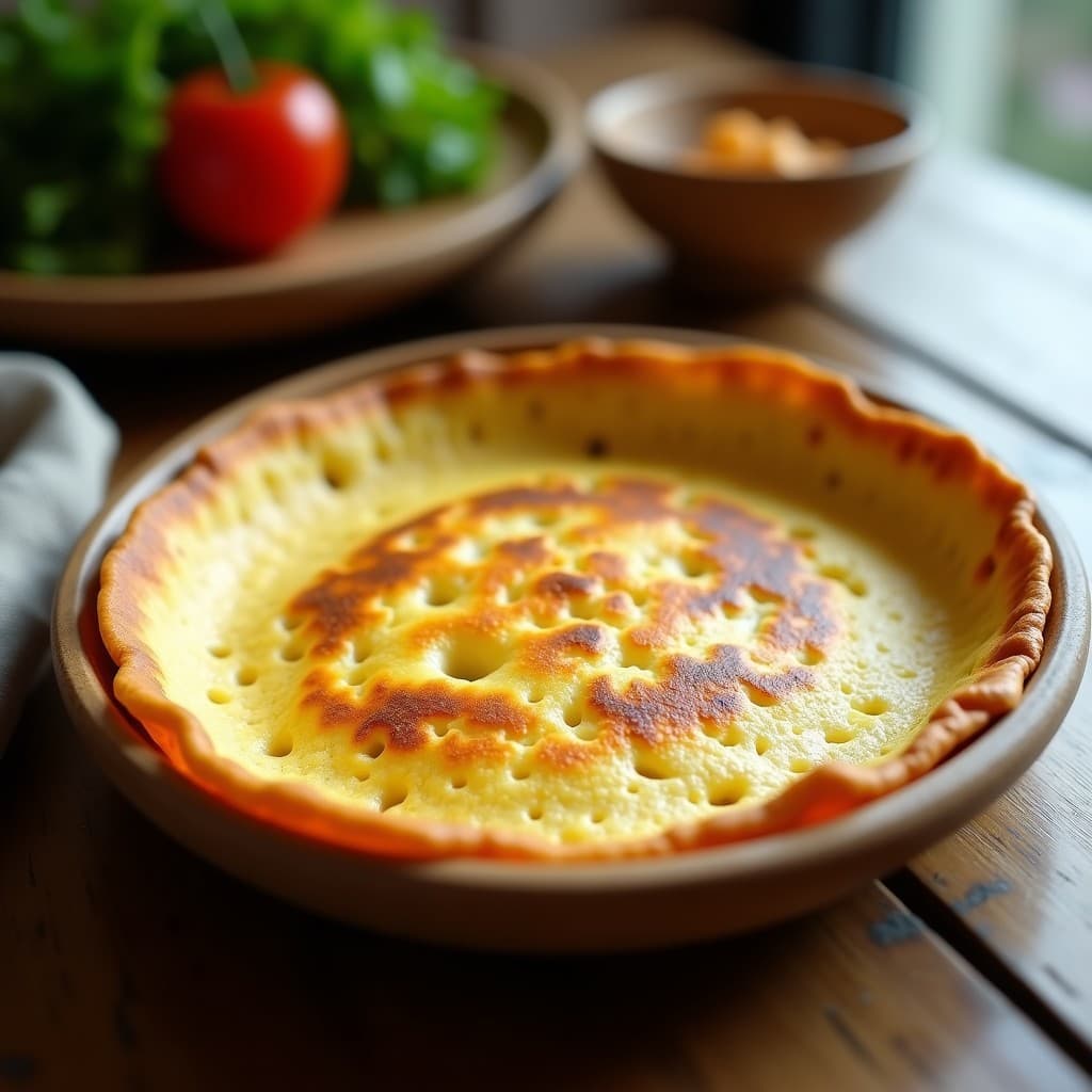 Tortilla francesa vegana de harina de garbanzo, alta en proteína y sin colesterol, lista para servir