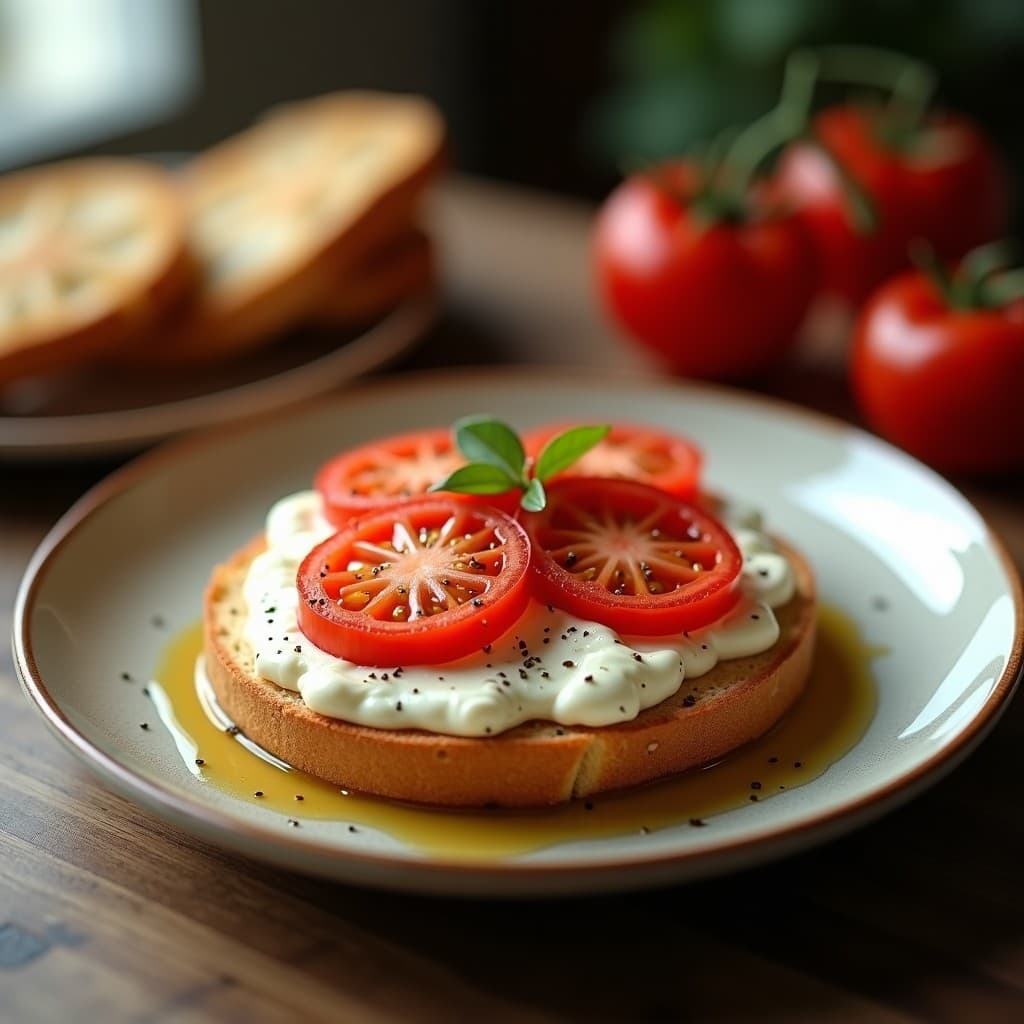 Tostada integral de ricotta, pavo y tomate cherry sobre una tabla de madera, lista para ser servida. Receta de desayuno salado fácil y rápido