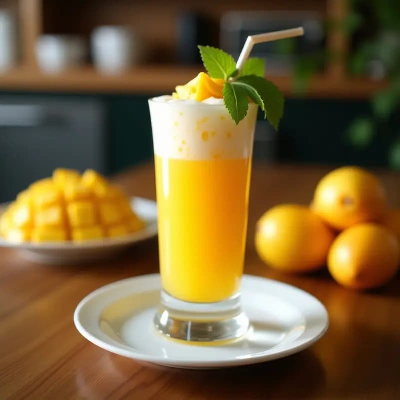 Vaso alto transparente con Aaiyoh Thai de mango y coco, bebida tropical amarilla cremosa, decorada con coco rallado tostado y hoja de pandan, sobre fondo de madera oscura con hielos y rodajas de limón kaffir.