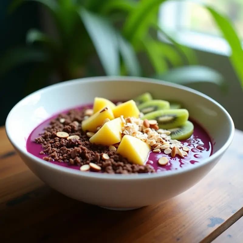Açaí Bowl con granola de cacao y frutas tropicales en un bol de cerámica blanca. Base morada cremosa de açaí coronada con granola oscura de cacao, trozos de mango amarillo, piña dorada, rodajas de kiwi verde y coco rallado blanco. Fondos borrosos con hojas de palma y luz natural.