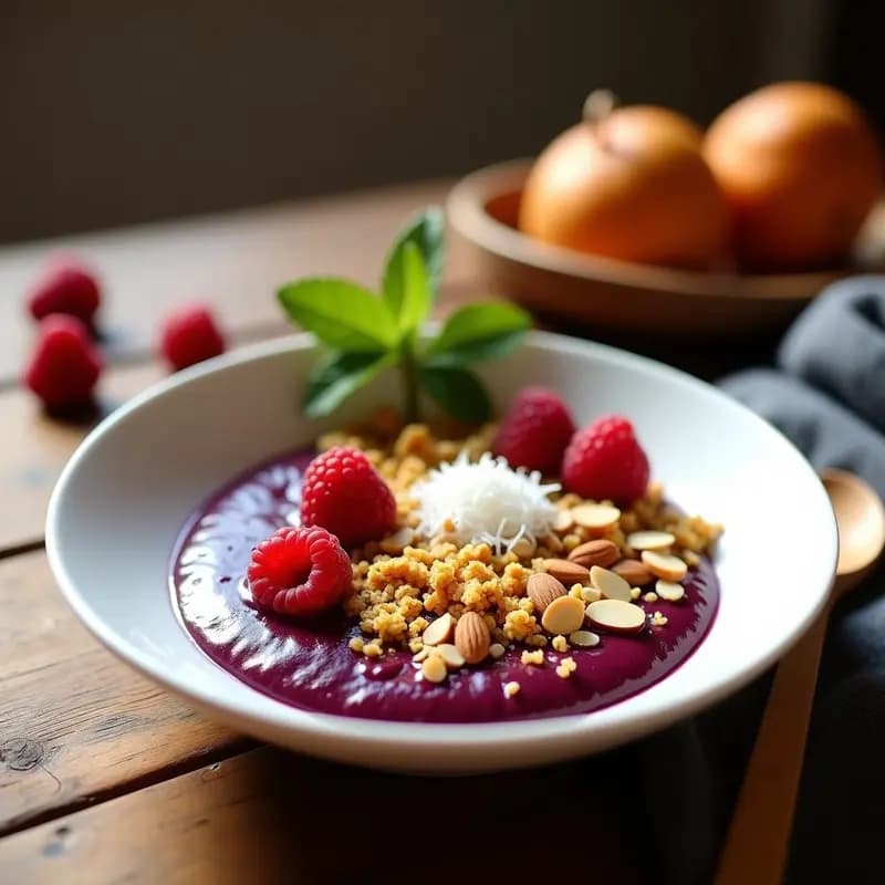 Açaí Bowl con Granola de Cúrcuma y Semillas de C Million en bol blanco sobre fondo de madera. Base morada espesa de açaí con plátano, decorada con granola dorada crujiente, frutos rojos frescos, coco rallado y hojas de menta. Desayuno brasilerio antiinflamatorio y vegano.