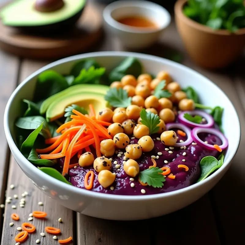 Açaí Bowl Salado con Garbanzos y Aguacate en un bol de barro oscuro, base cremosa de açaí coronada con garbanzos dorados especiados, cubos de aguacate verde, espinacas frescas, tomate cherry rojo y semillas de sésamo y chía. Aderezo de cilantro y lima rociado por encima, con hojas de menta como decoración final. Receta brasileña vegana y proteinada.