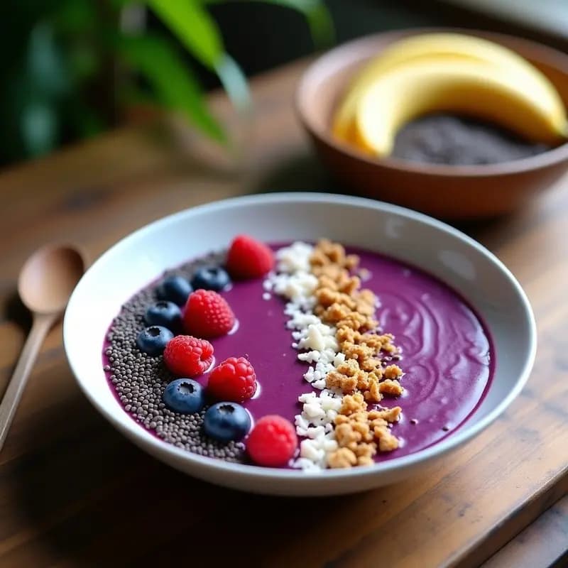 Açaí Bowl con base morada cremosa de pulpa de açaí, decorado con semillas de chería, arándanos, frambuesas, granola de coco y coco rallado, servido en un bol blanco sobre fondo de madera rústica. Desayuno amazónico antioxidante.