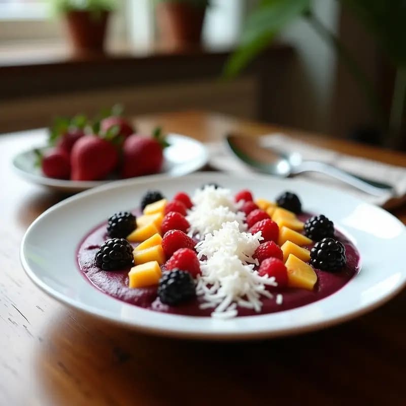 Açaí Na Tigela en bowl de cerámica blanca, con base morada espesa de açaí, decorado con rodajas de kiwi, cubos de mango, láminas de fresa, coco rallado blanco, granola dorada y almendras fileteadas. Fondo con hojas de palma y luz natural.