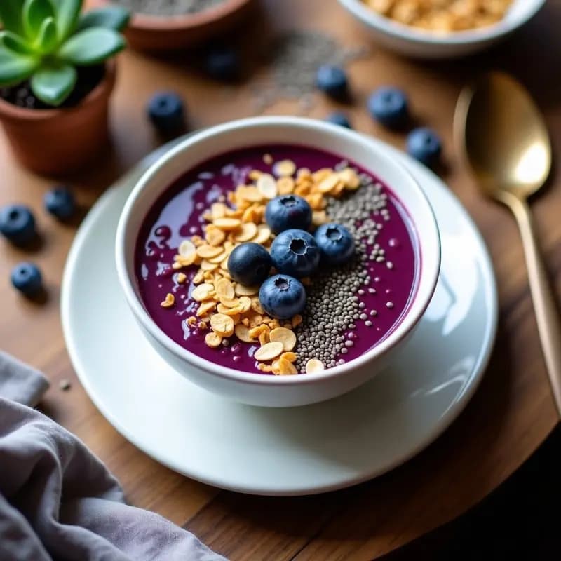 Bowl hondo de cerámica blanca con Açaí Na Tigela vegano, cubierto de granola de chía dorada, arándanos frescos, semillas de lino y un hilo de miel de agave, sobre fondo de madera rústica con luz natural.
