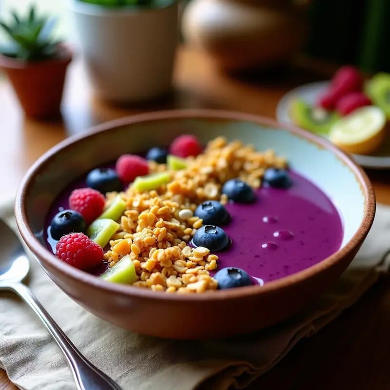 Bowl de açaí Na Tigela com Granola de Cúrcuma: pulpa de açaí morada cremosa en un bol hondo, coronada con granola dorada de cúrcuma, semillas de calabaza, coco rallado, frutos rojos y kiwi. Fondos de texturas naturales y colores vibrantes.