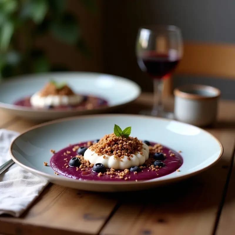 Bowl de açaí espeso en cuenco de barro con granola dorada de quinoa, semillas de chía, coco rallado y rodajas de maracuyá, decorado con pétalos de flor comestible sobre fondo de madera rústica.