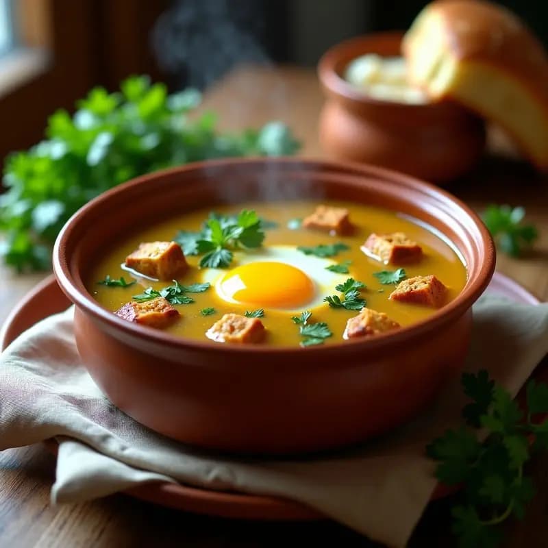 Cazuela de barro humeante con açorda alentejana, sopa portuguesa tradicional sin lácteos, con trozos de pan, huevo en hilo y cilantro fresco picado, servida en plato hondo rústico.