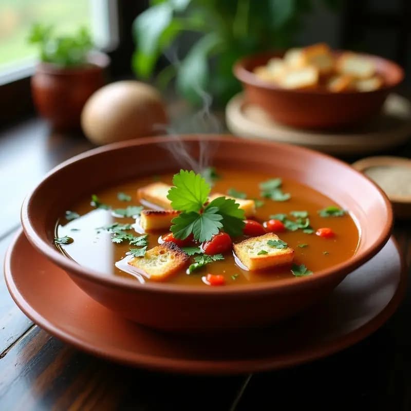 Plato hondo de barro con açorda alentejana vegana: caldo dorado con garbanzos, zanahorias, apio y cebolla, servido sobre rebanadas de pan de centeno tostado, decorado con hojas de coriandro fresco y ajos asados. Receta tradicional portuguesa vegana y reconfortante.