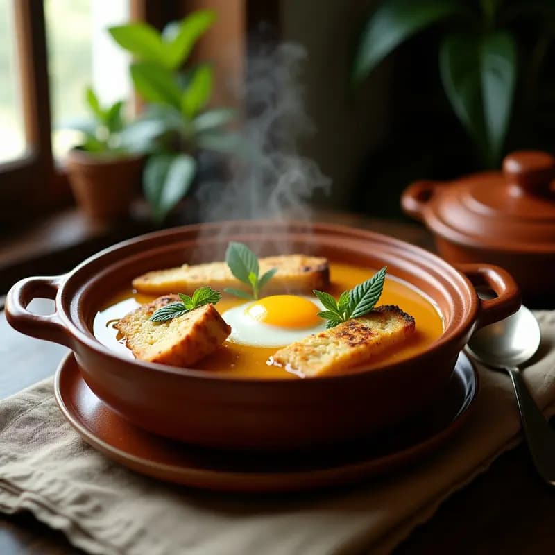Cazuela de barro humeante con Acorda Alentejana tradicional: pan de maíz dorado, láminas de bacalao desmenuzado, huevos escalfados con yemas líquidas y perejil fresco espolvoreado. Plato reconfortante portugués con toques de limón confitado.
