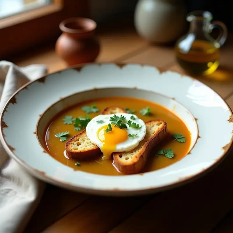 Plato hondo de cerámica blanca con Açorda à Alentejana: sopa espesa de pan tostado empapado en caldo dorado con cilantro, coronada con un huevo escalfado y un hilo de aceite de oliva, decorada con hojas de cilantro fresco.