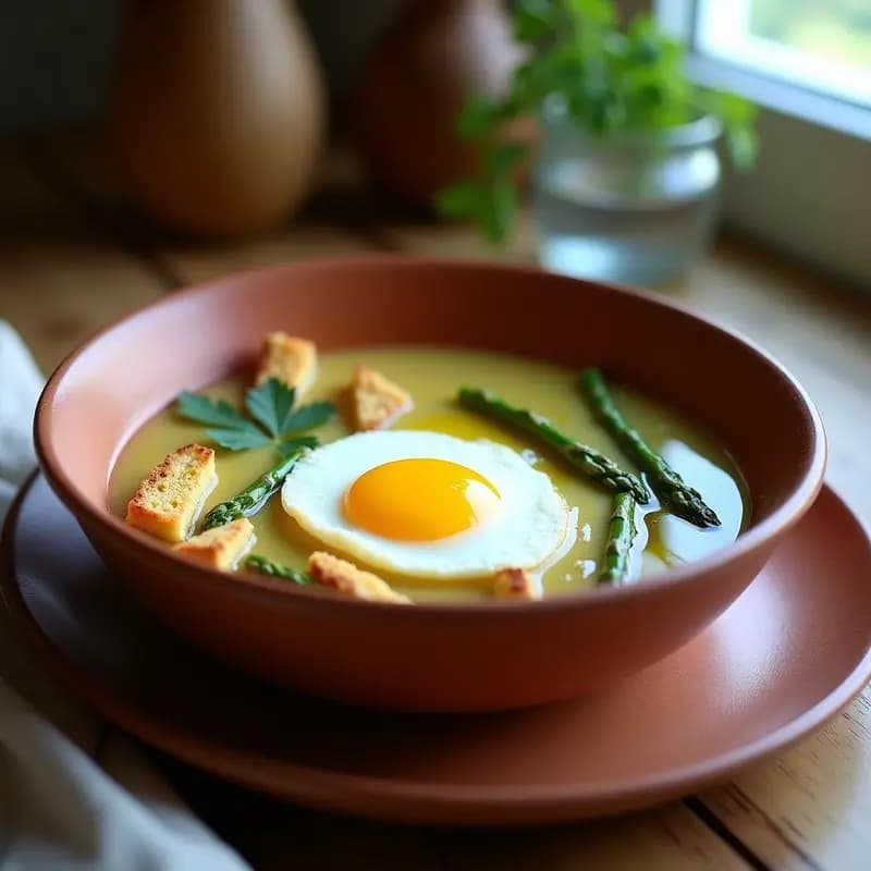 Plato hondo de cerámica blanca con açorda keto: rebanadas doradas de pan keto cubiertas con espárragos verdes salteados, huevo escalfado con yema líquida y cilantro fresco. Receta portuguesa de aprovechamiento baja en carbohidratos.