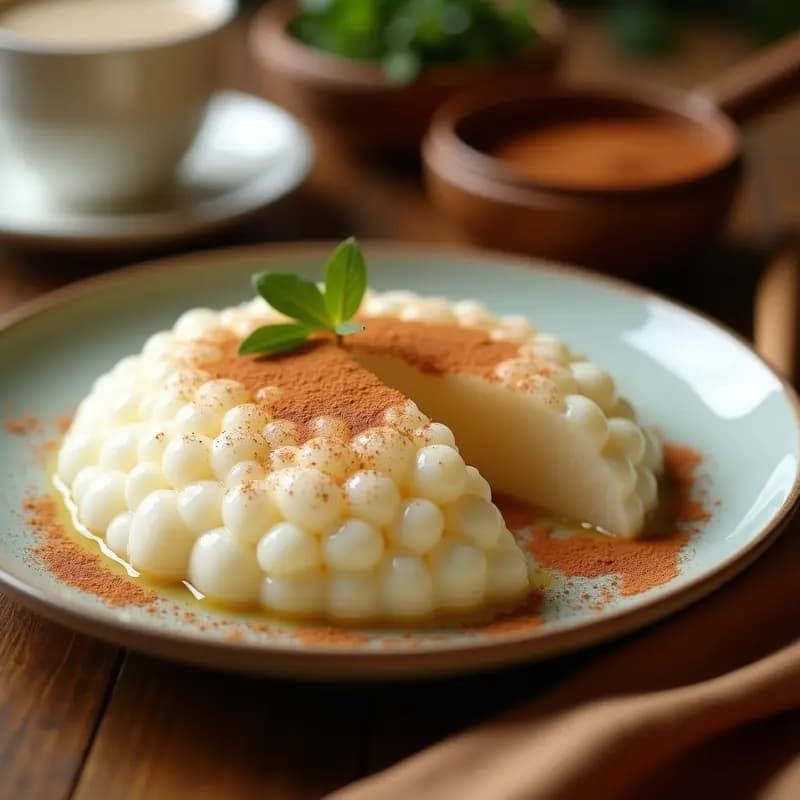 Cuenco de cerámica blanca con Açuá de Tapioca con Coco y Canela, textura cremosa y brillante, espolvoreado con coco rallado y canela en polvo, acompañado de rodajas de mango fresco sobre fondo rústico de madera.