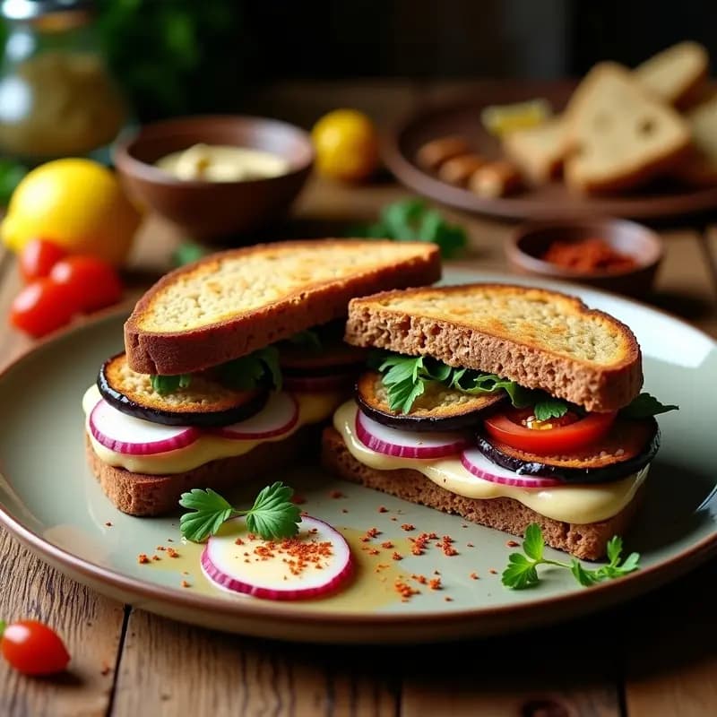 Adjap Sandwich iraquí abierto mostrando capas de berenjena asada dorada, tahini cremoso, rodajas de tomate, cebolla morada, rábanos y perejil fresco sobre pan de trigo sarraceno tostado. Plato rústico con fondo de especias y limones confitados.
