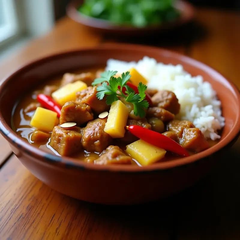 Plato hondo de barro con adobo de cerdo en salsa espesa de piña y chile, trozos de piña caramelizada y rodajas de chile rojo fresco. Acompañado de arroz jazmín y decorado con semillas de sésamo tostadas.